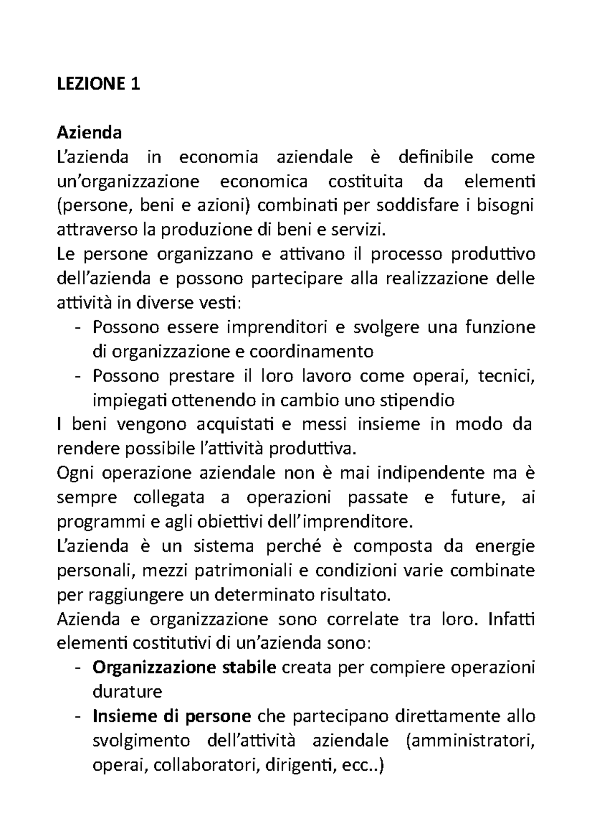 Lezione 1 - Introduzione all'organizzazione aziendale - LEZIONE 1 ...