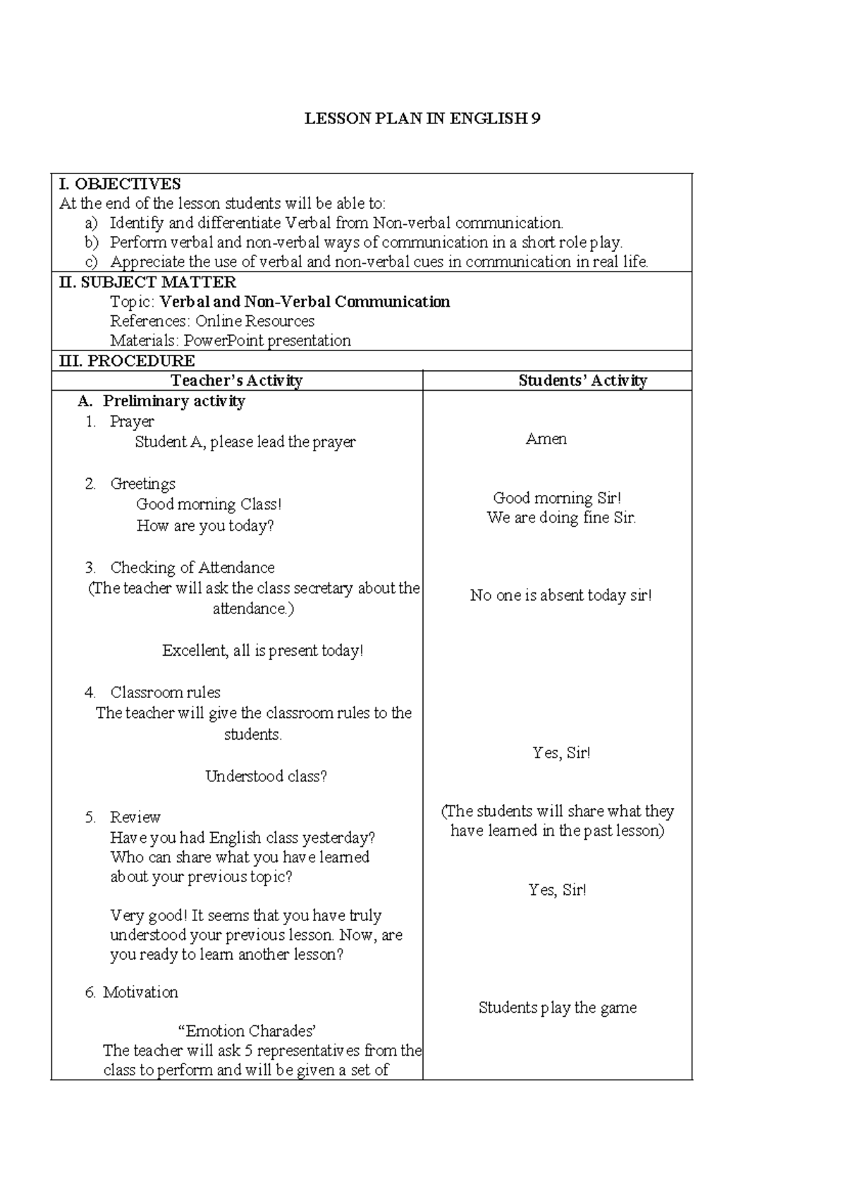 ENGLISH 9: Detailed Lesson Plan on Verbal & Non-Verbal Communication ...