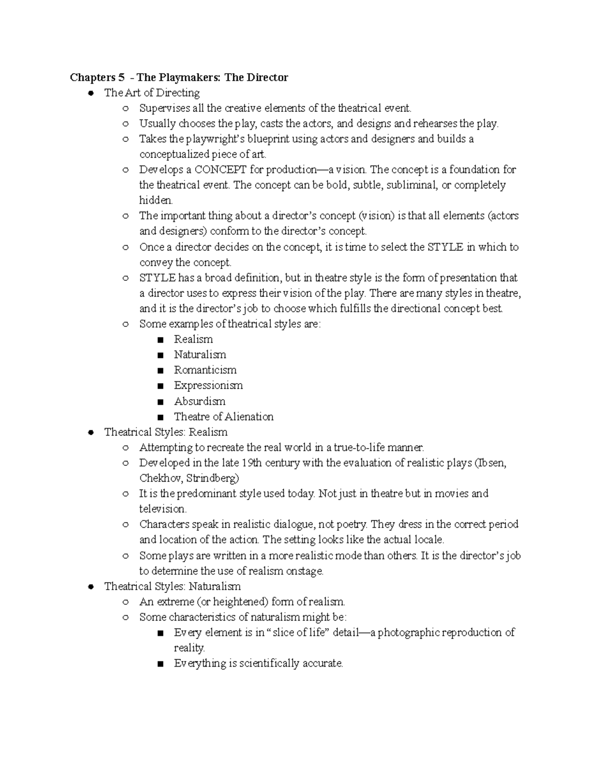 Chapters 5 Notes - The Director's Vision and Theatrical Styles - Studocu