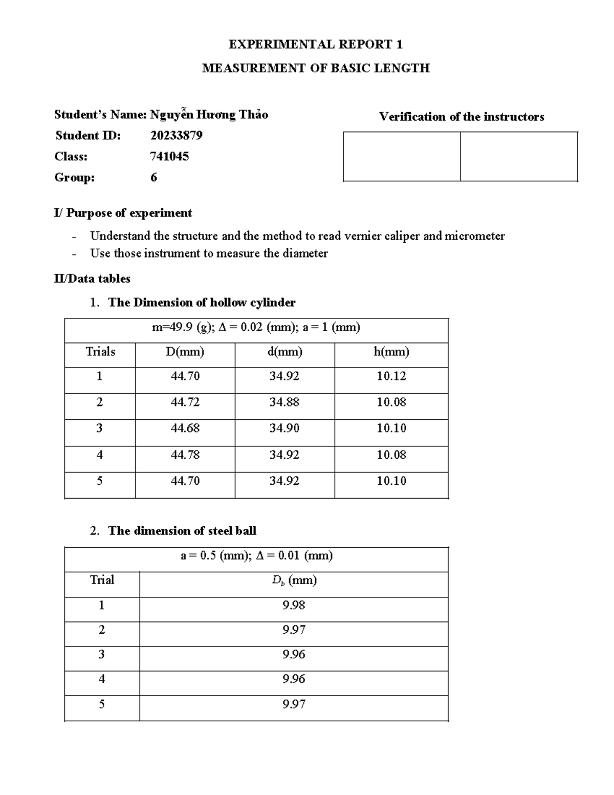 Experiment-1 tn ly - EXPERIMENTAL REPORT 1 MEASUREMENT OF BASIC LENGTH ...