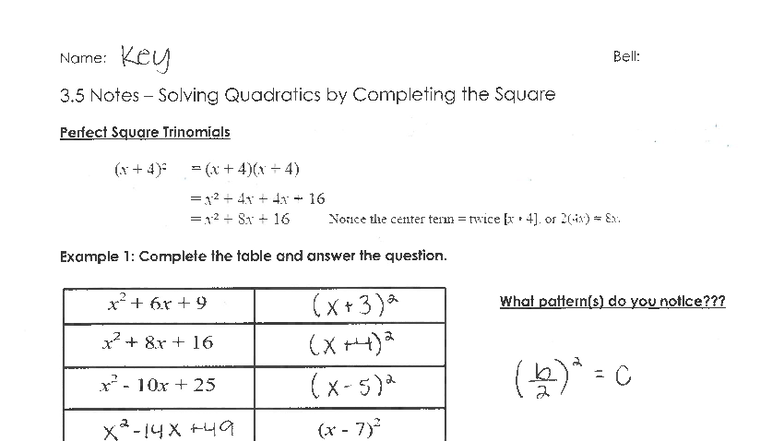 3.5 Notes: Solving Quadratics by Completing the Square - Studocu