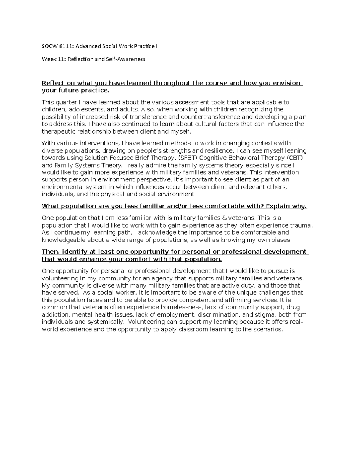SOCW 6111 Wk 11 Reflections on Practice & Growth in Social Work - Studocu