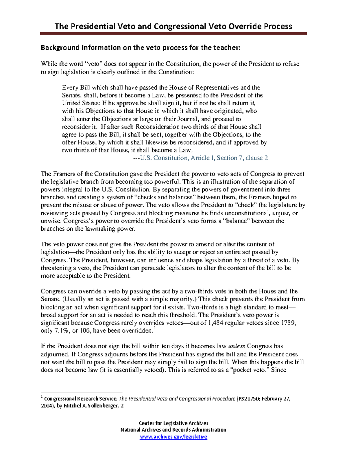 The Presidential Veto & Congressional Override Process: A Study Guide ...