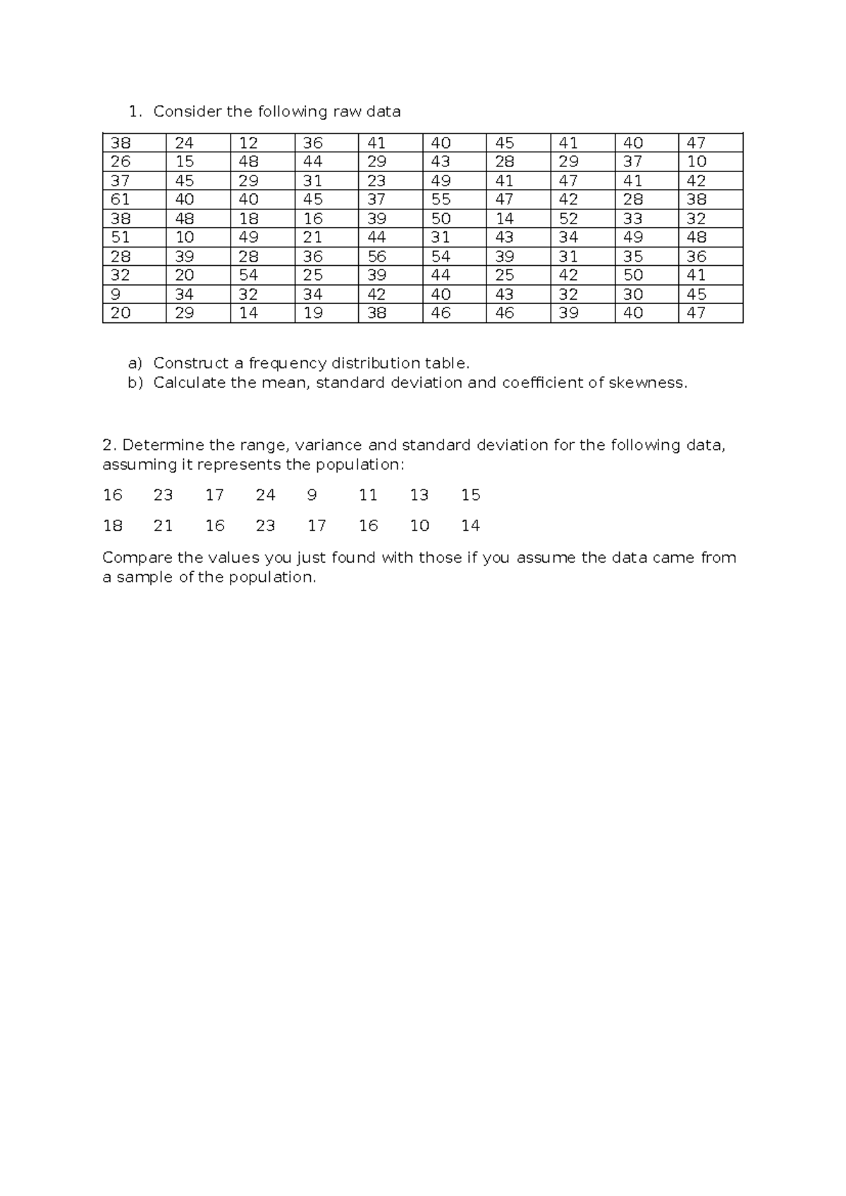 Practice Problems 1: Frequency Distribution & Stats Analysis - Studocu