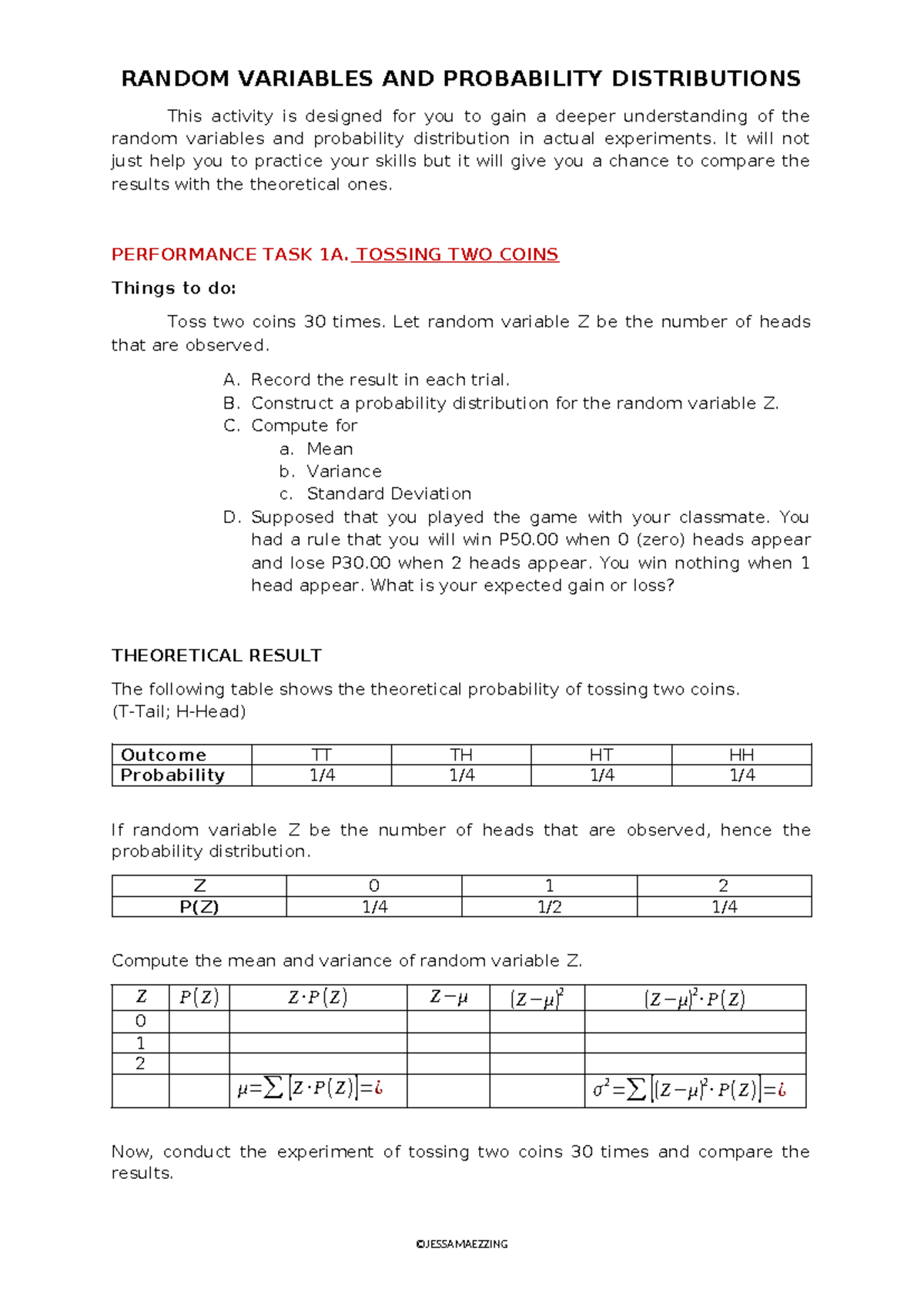 Chapter 1 Performance Task: Random Variables & Probability ...