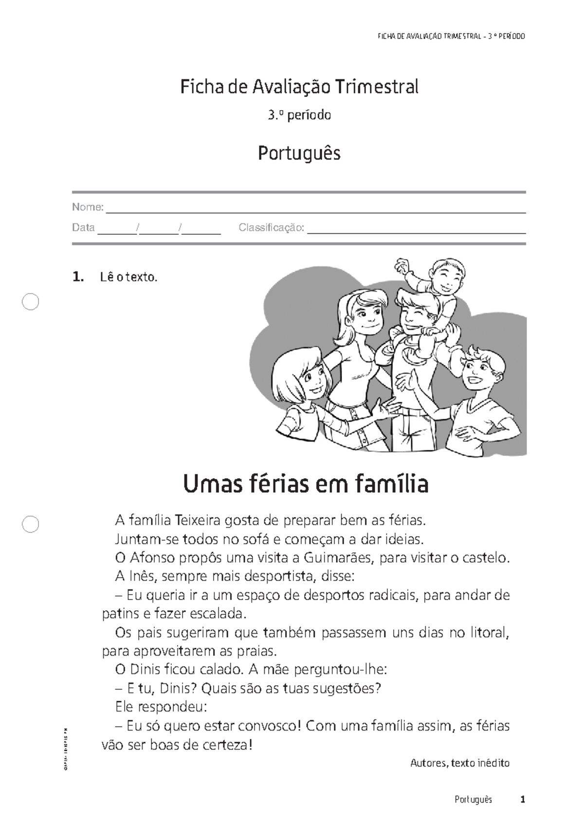 Avaliação Trimestral Português - 1.º Ano - 3.º Período - Studocu