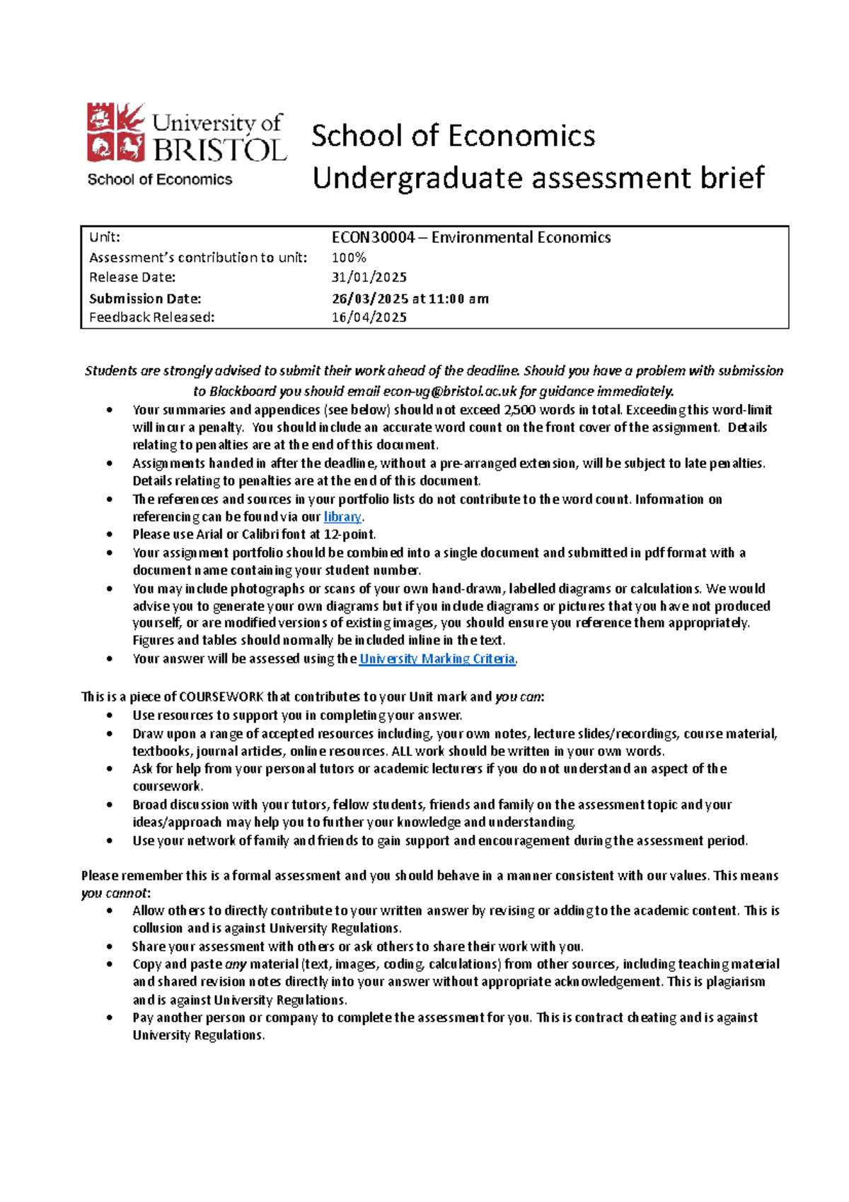 ECON30004 Environmental Economics Coursework Assessment Brief - Studocu