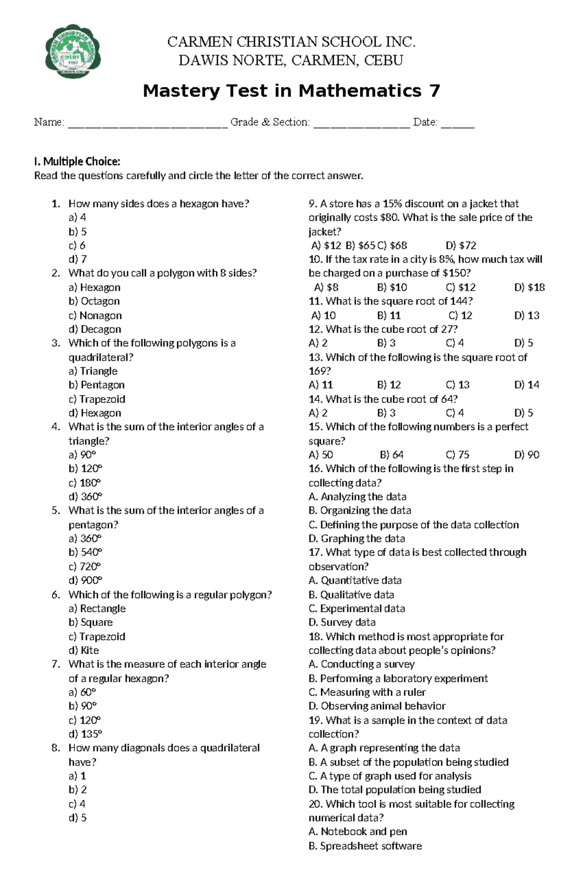 Mastery Test in Mathematics 7 - CARMEN CHRISTIAN SCHOOL INC. - Studocu