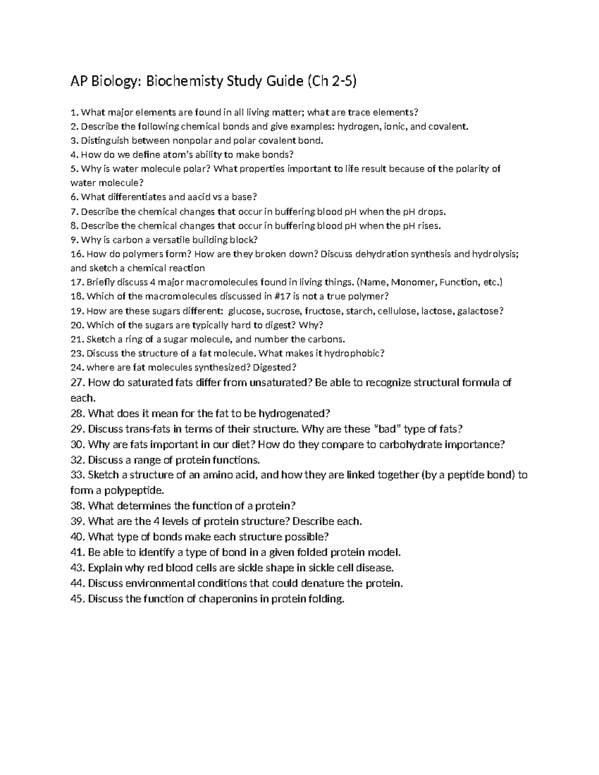 Chapter+2-6+study+guide++ - AP Biology: Biochemisty Study Guide (Ch 2-5 ...