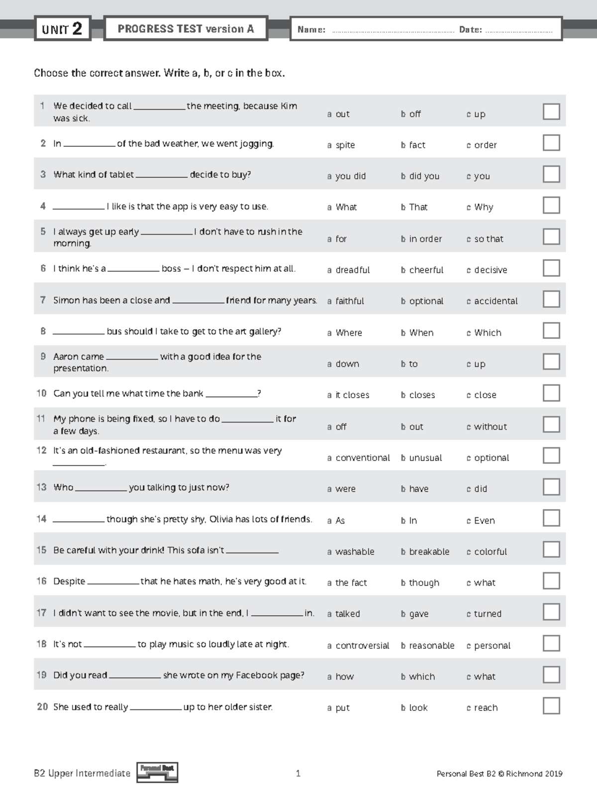 PB Am E B2 Unit Test U2 Progress Test Version A - Studocu
