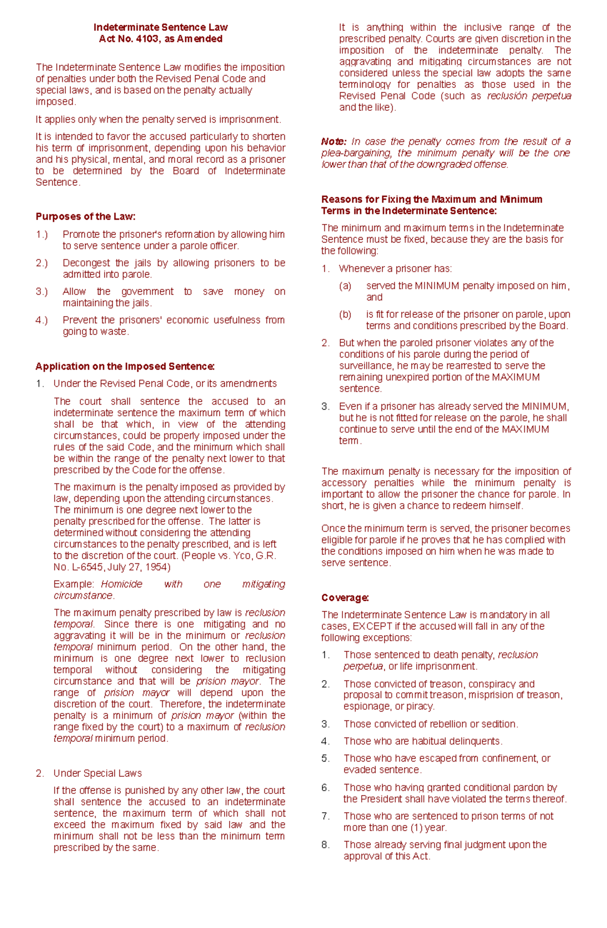 Indeterminate Sentence Law Notes (ISLAW) - Key Concepts & Applications ...