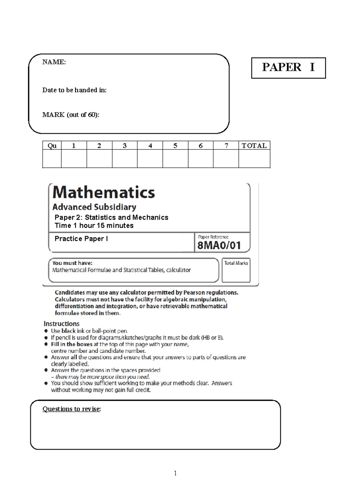 17 AS Statistics Practice Paper I: Fun Run & Probability Analysis - Studocu