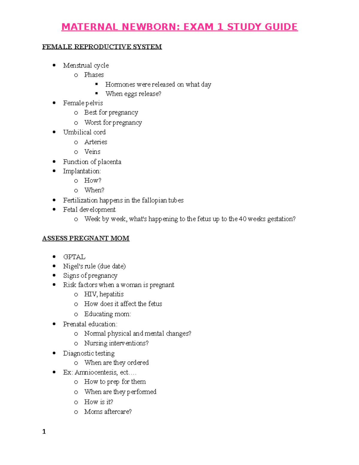 Maternal Newborn Exam 1 Fill-in Study Guide for Success - Studocu