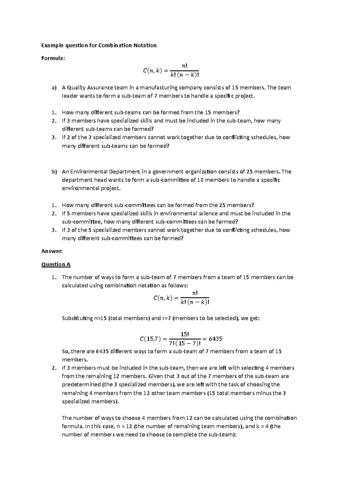 Example question for Combination Notation - Example question for ...