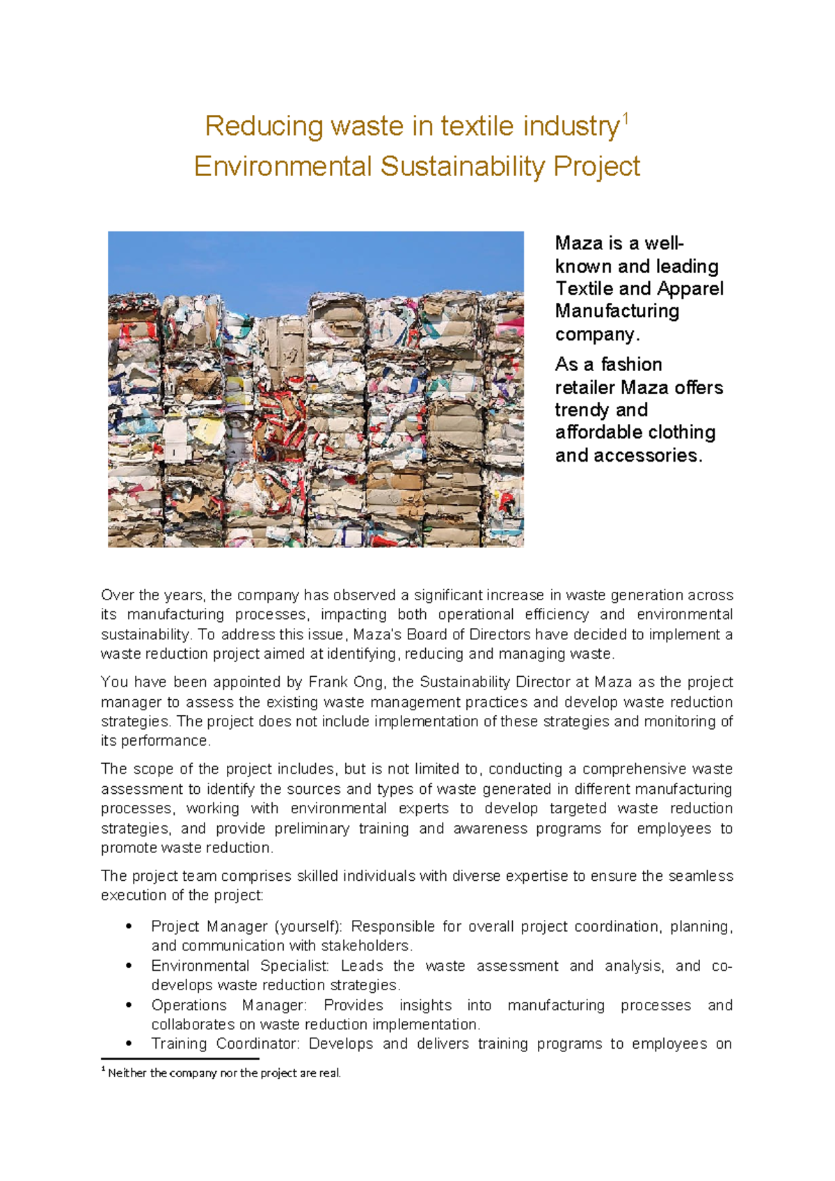 a1 - case study 1 - Reducing waste in textile industry 1 Environmental ...