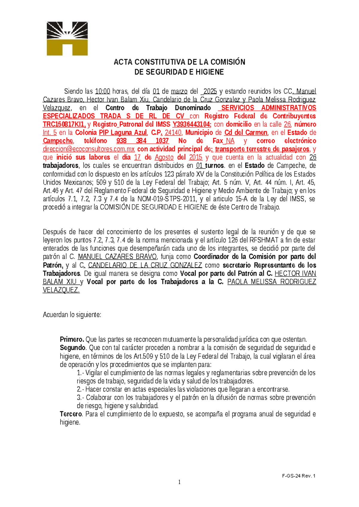 ACTA CONSTITUTIVA DE LA COMISIÓN DE SEGURIDAD E HIGIENE 2025 - Studocu