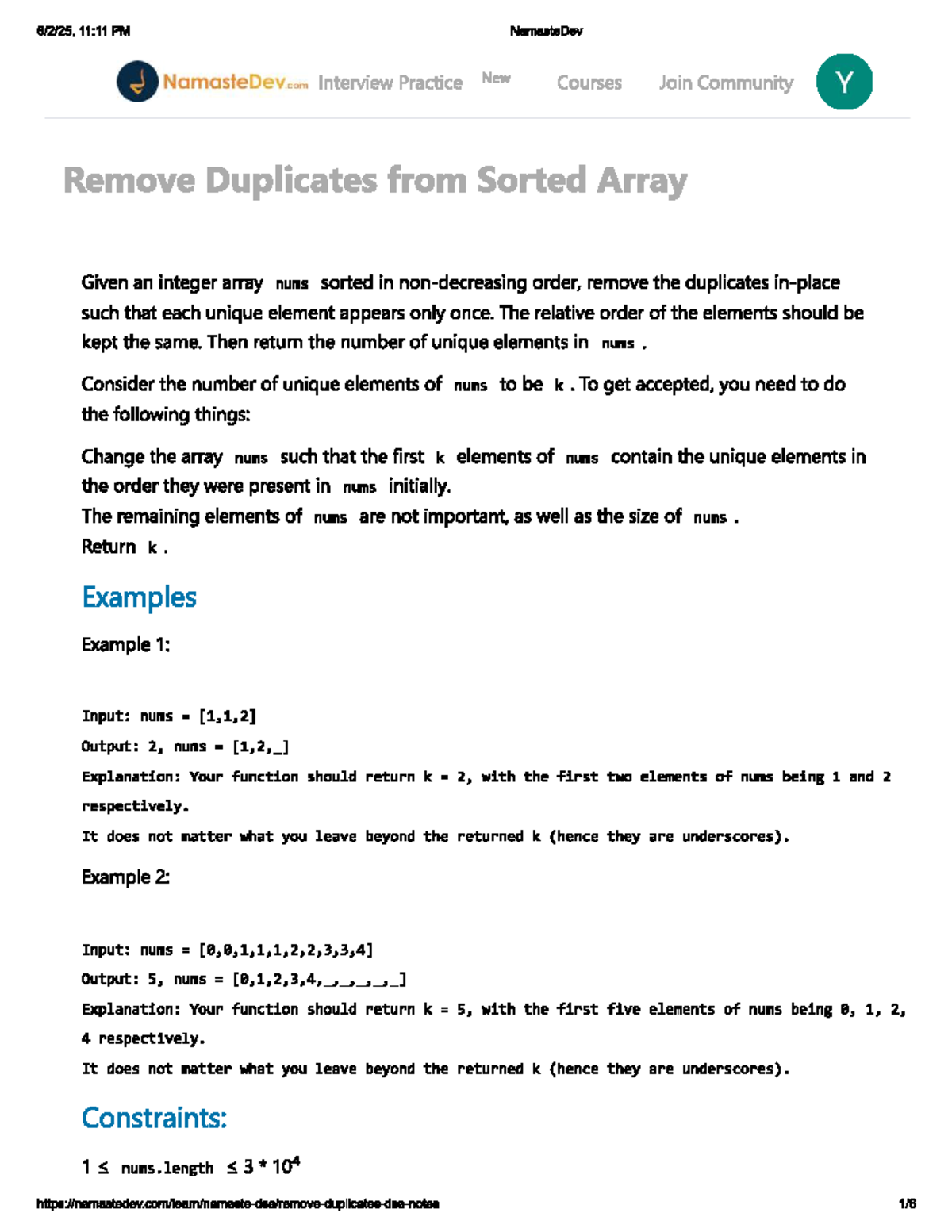 CS101: Interview Practice - Removing Duplicates from Sorted Array - Studocu
