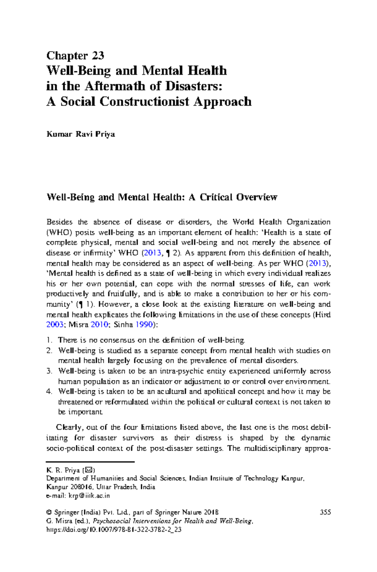 Kumar Ravi Priya: Well-Being & Mental Health Post-Disasters - Studocu