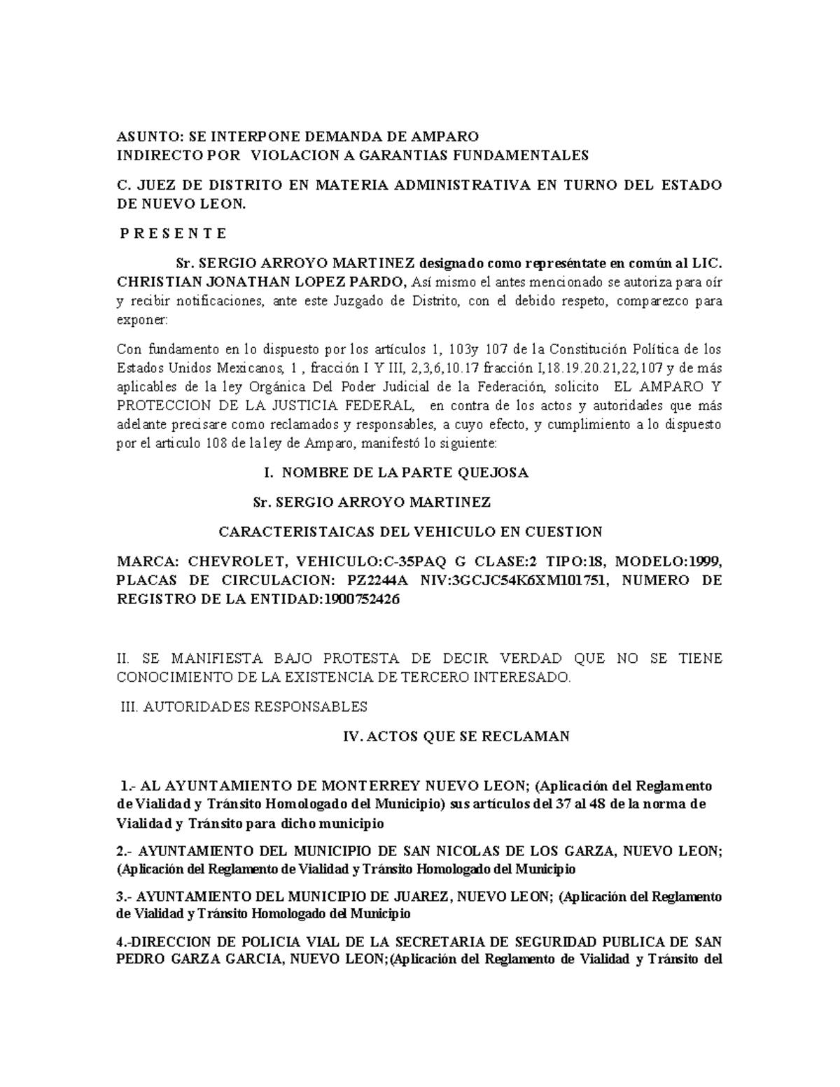 Demanda de Amparo Indirecto por Violación a Garantías Fundamentales - C ...