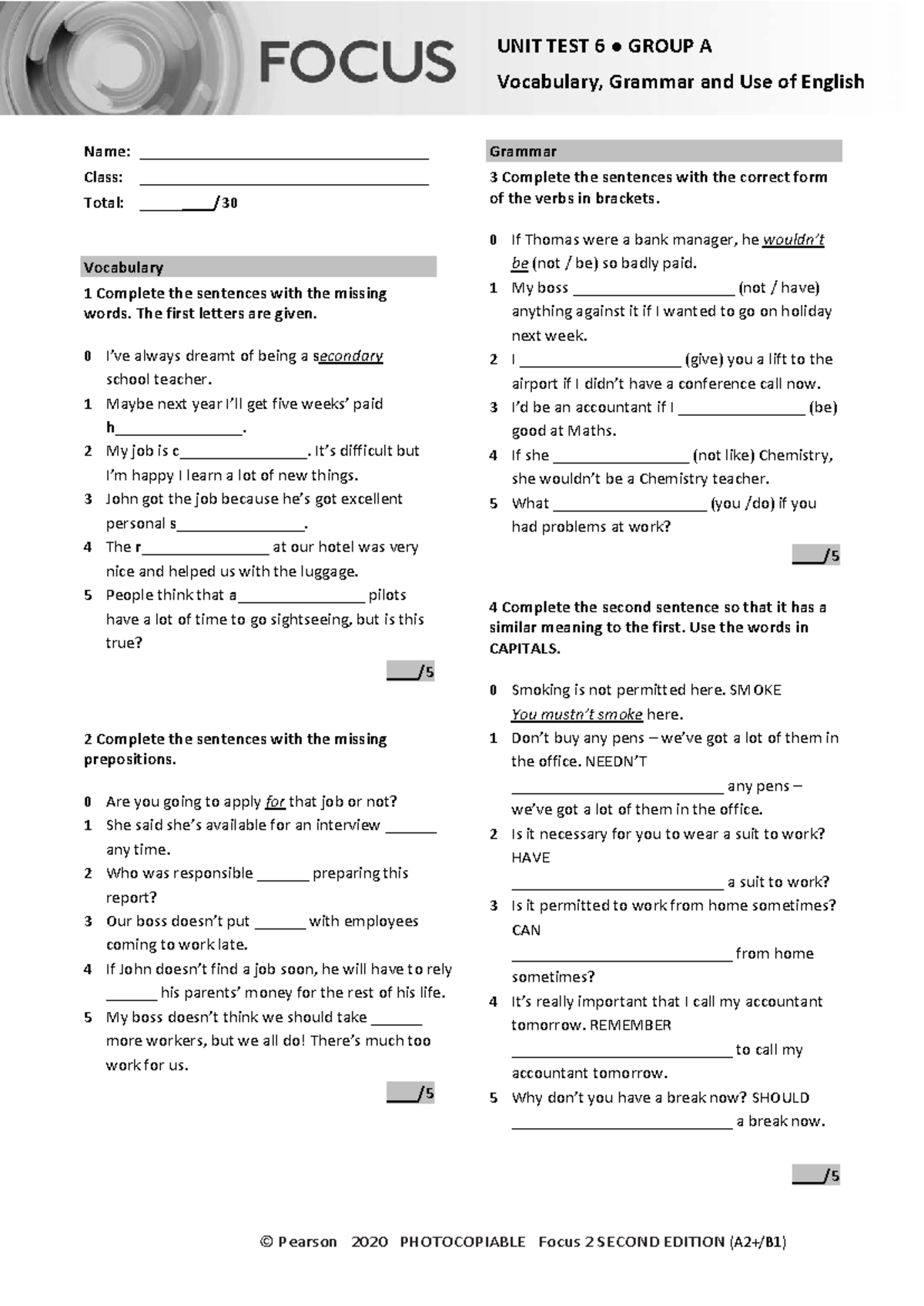 Focus 2 2E Unit Test 6 Group A: Vocabulary & Grammar Review - Studocu