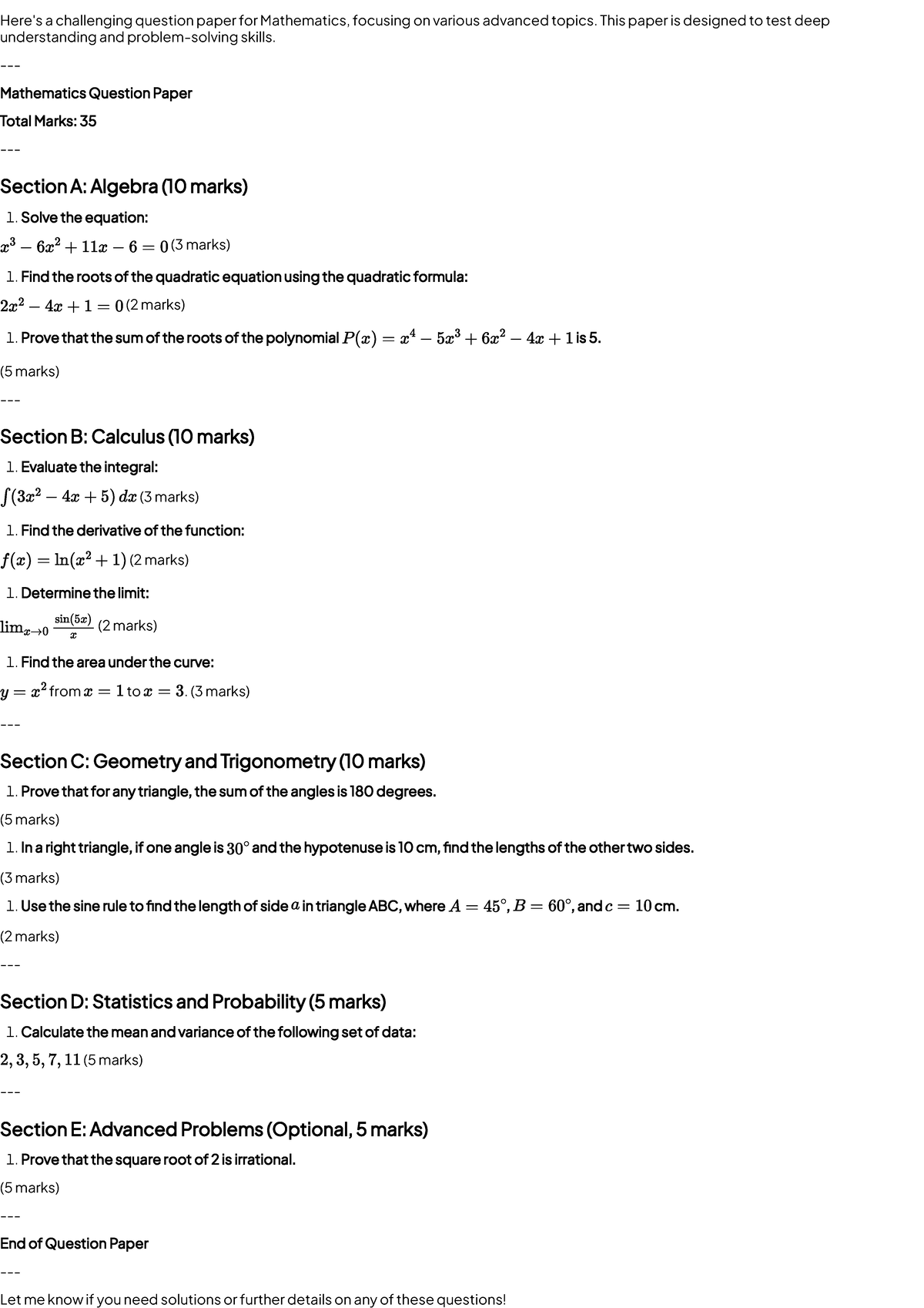 Mathematics Question Paper - 12th Grade Advanced Topics - Studocu