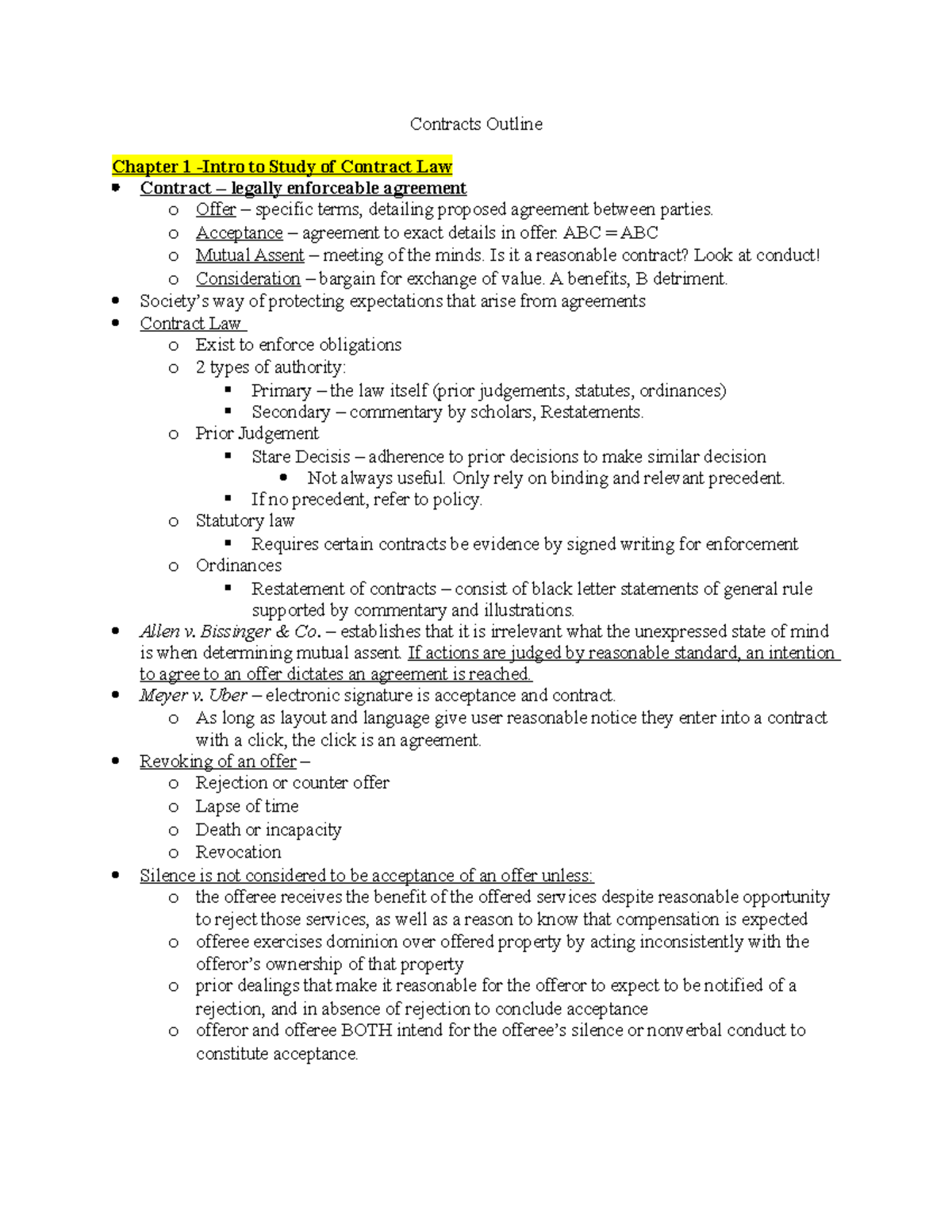 Contracts Law Outline - Comprehensive Study Guide for Course CL 101 ...