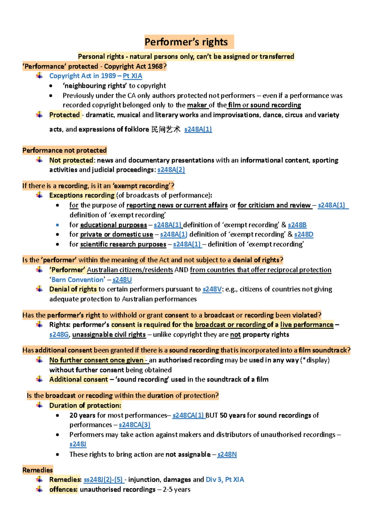 LAW 2514 - Understanding Performer and Moral Rights in Copyright - Studocu