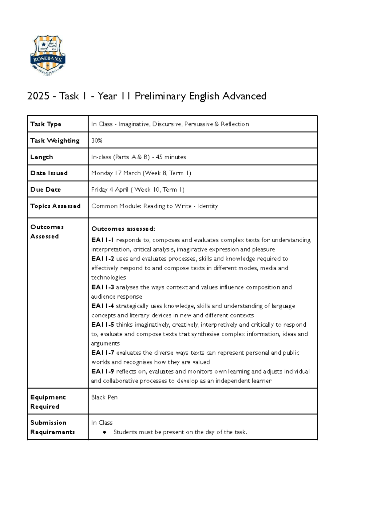 Final Notification for Year 11 Adv Task 1: Reading to Write on Identity ...