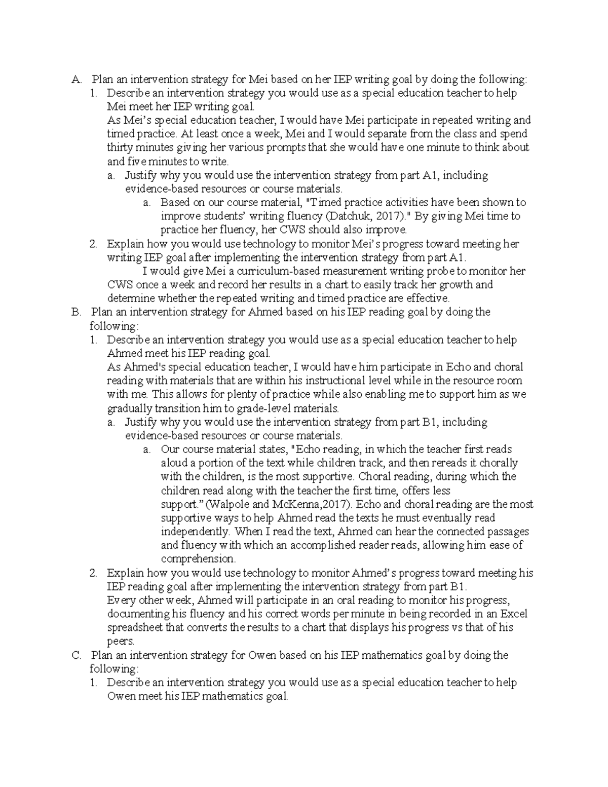 Intervention Strategies for IEP Goals: D006 Task 1 - Studocu