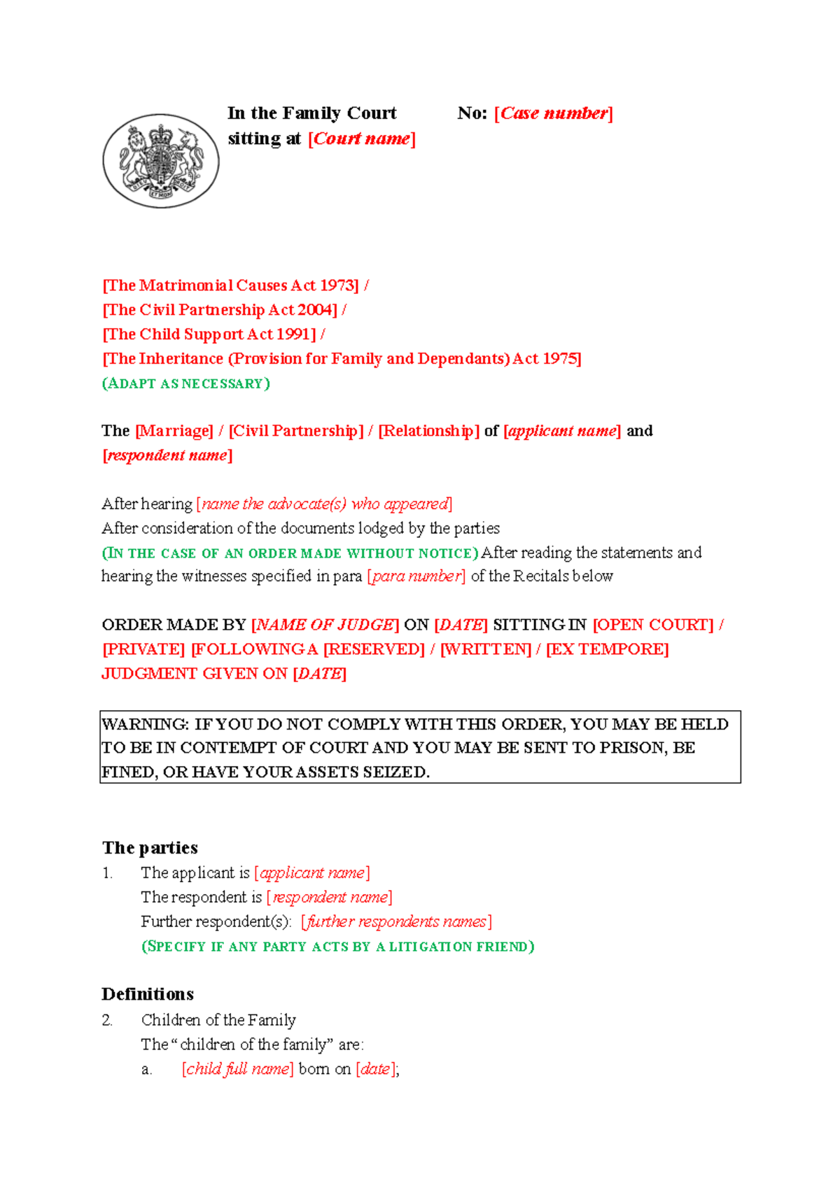 Draft consent order - In the Family Court No: [ Case number ] sitting ...
