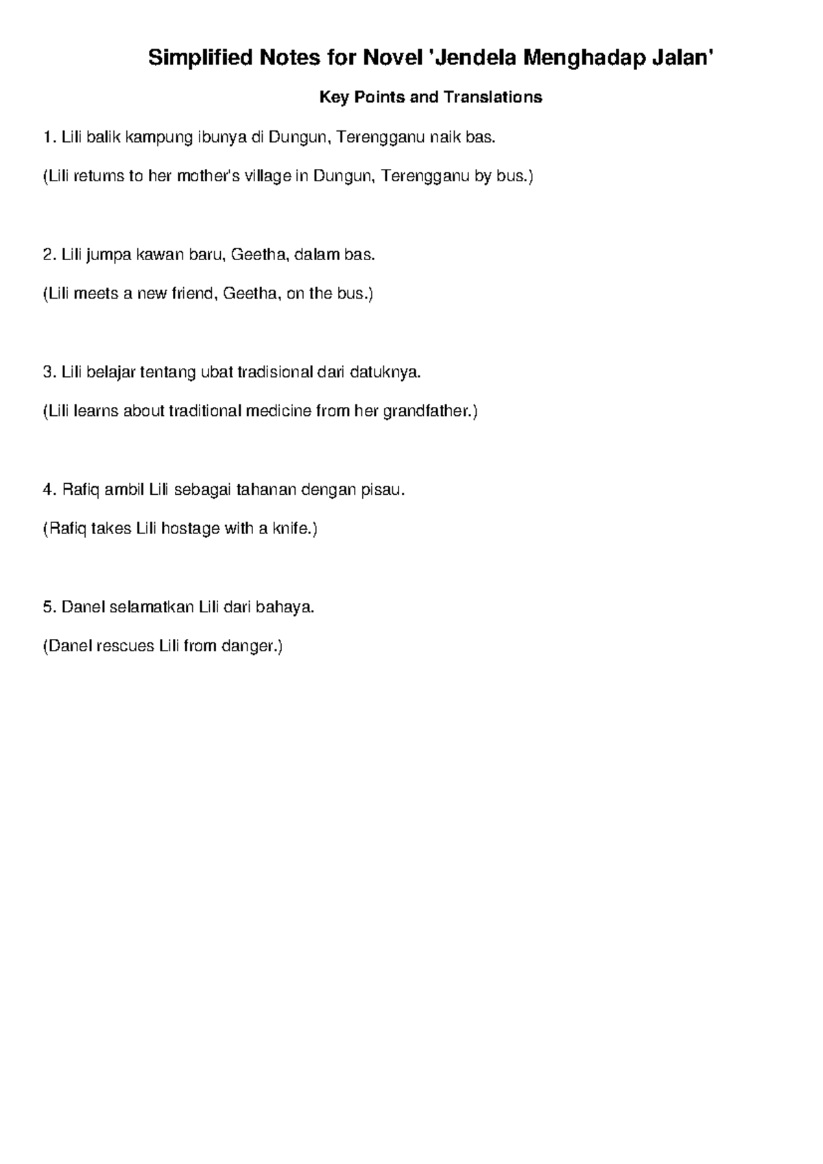Jendela Menghadap Jalan Notes - Simplified Notes for Novel 'Jendela ...