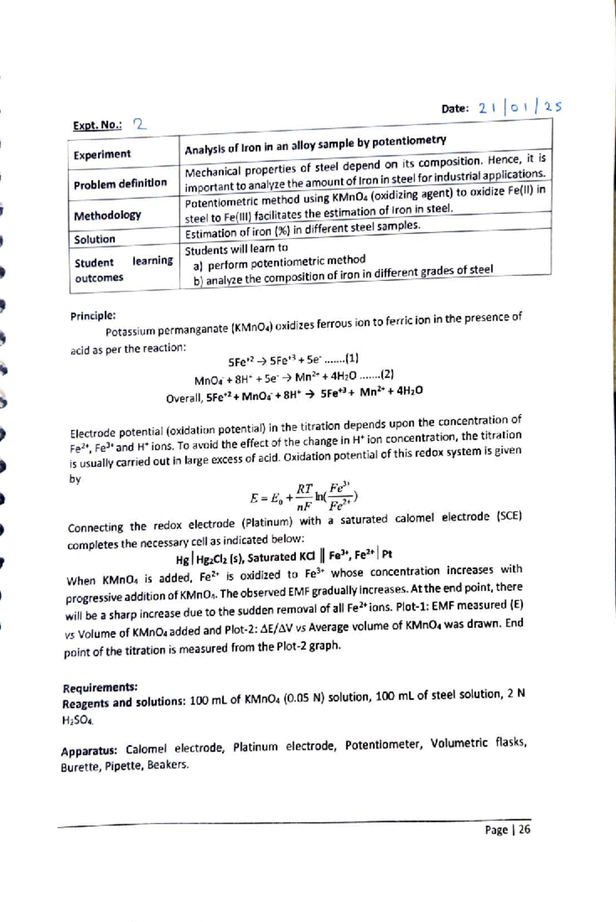 24BIT0048 Experiment 2 - Chemistry Lab: Iron Potentiometry Analysis ...