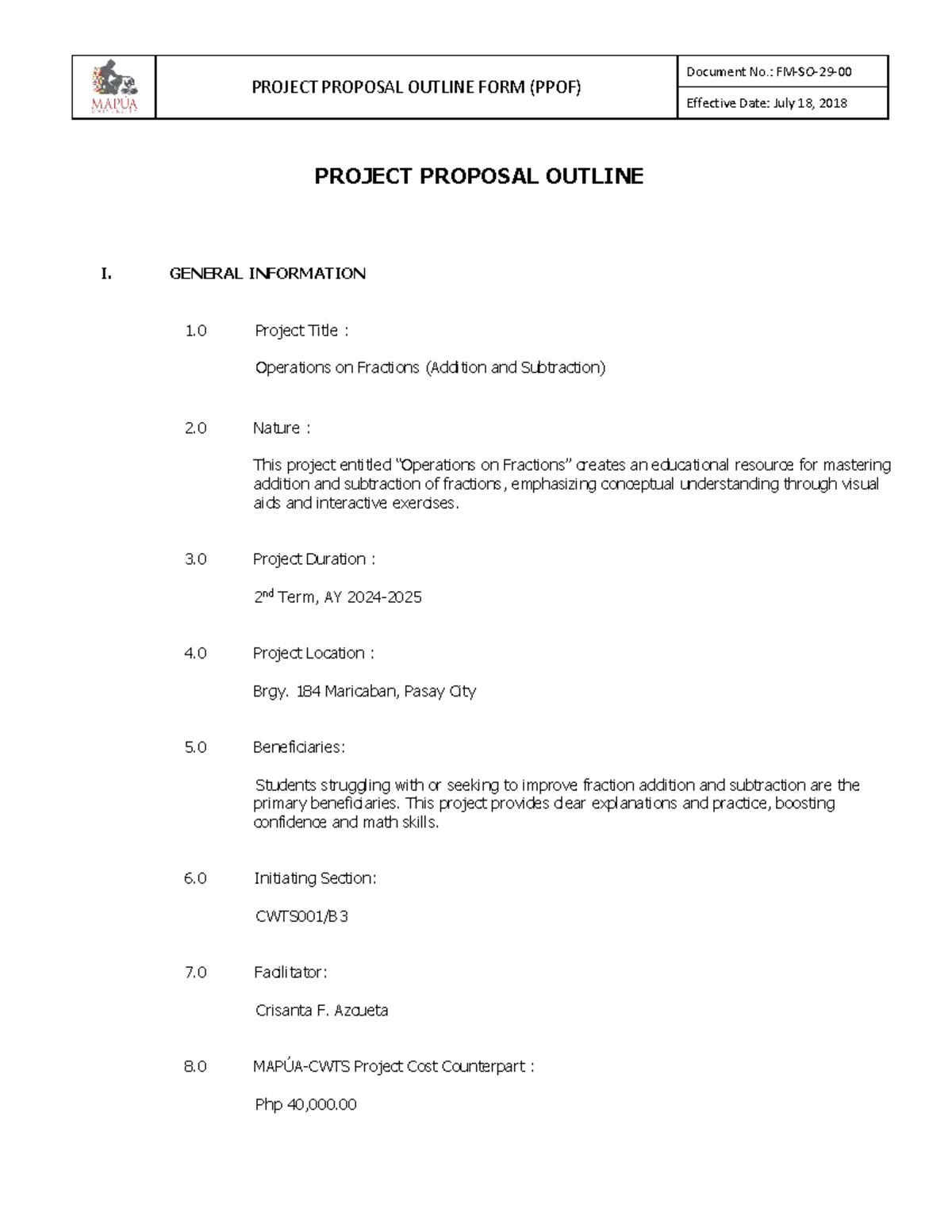 Project Proposal Outline: Operations on Fractions (PPOF) - Studocu