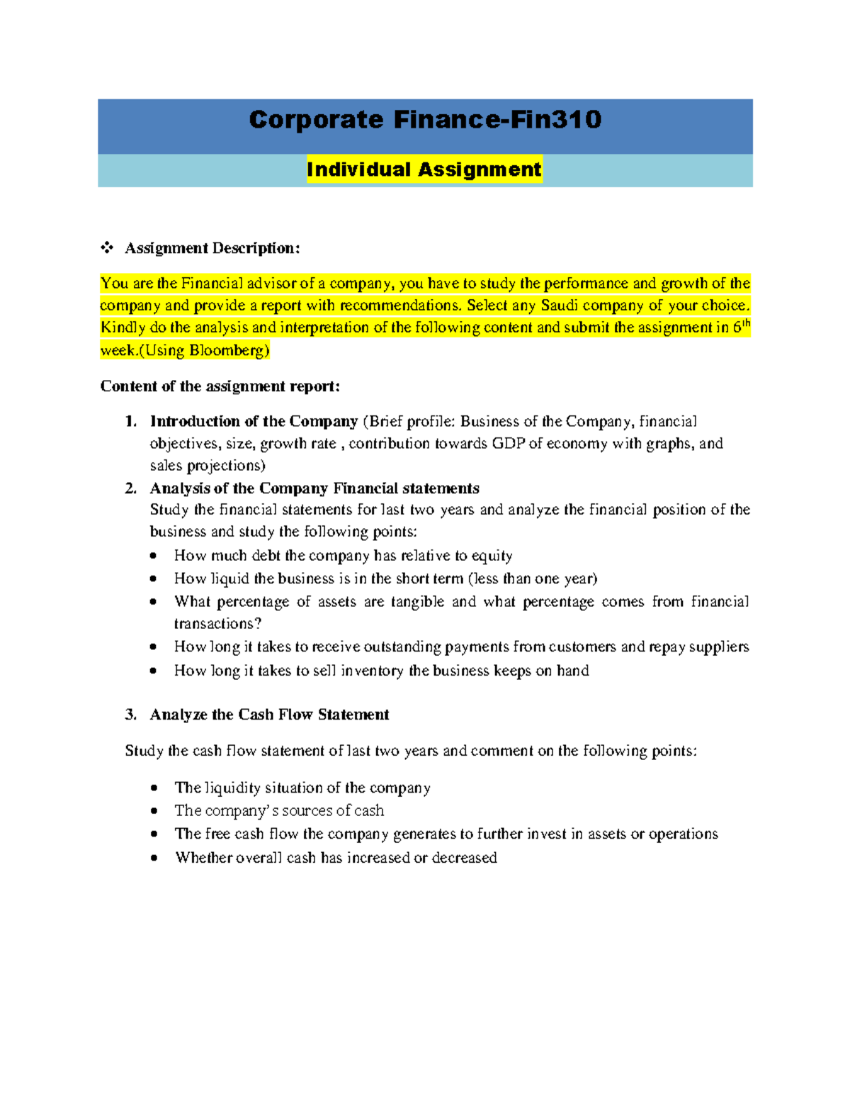 FIN 310 Corporate Finance Assignment - Corporate Finance-Fin Individual ...
