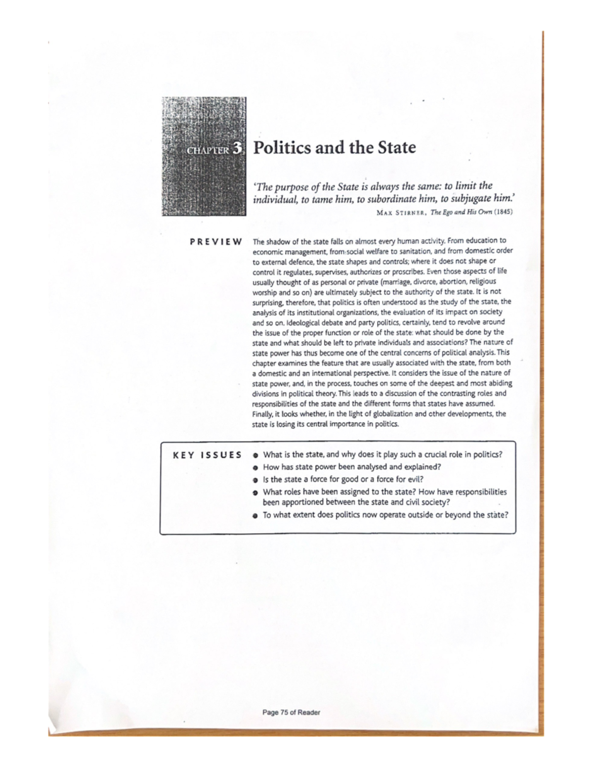 Week 4 Readings - CHAPTER 3 Politics and the State purpose of the State ...