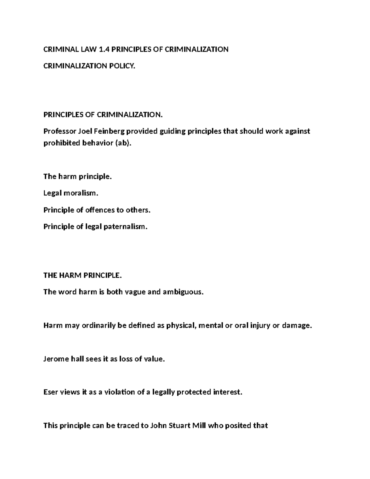 CRIMINAL LAW 1.4: Principles of Criminalization and Policy Analysis ...