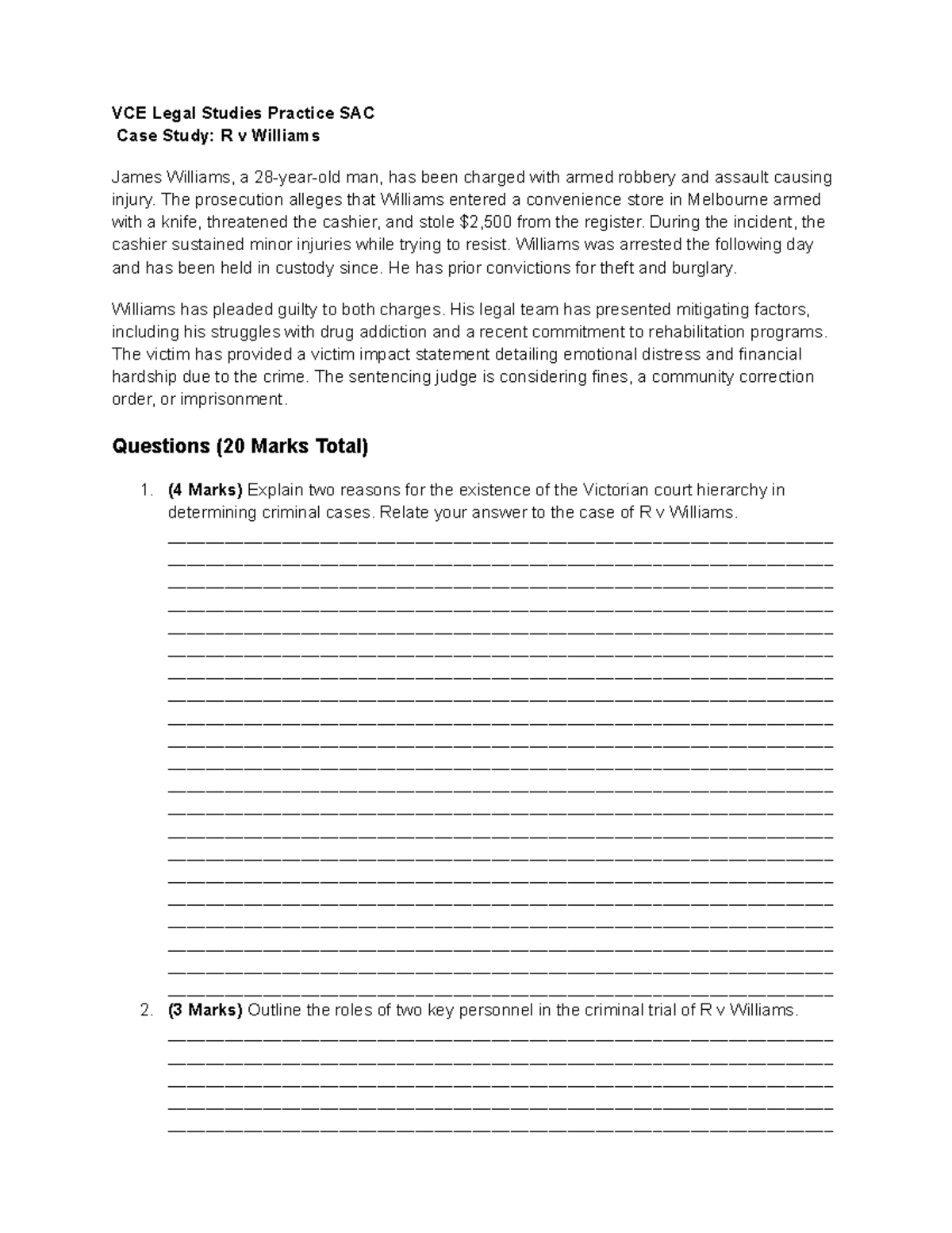 VCE Legal Studies AOS 1 Unit 3 Practice SAC Case Studies: R v Williams ...