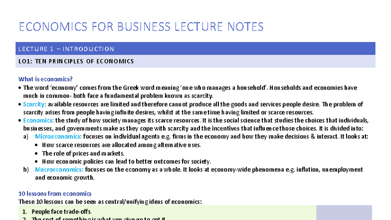 ECON 101: Business Economics Lecture Notes - Introduction to Economics ...