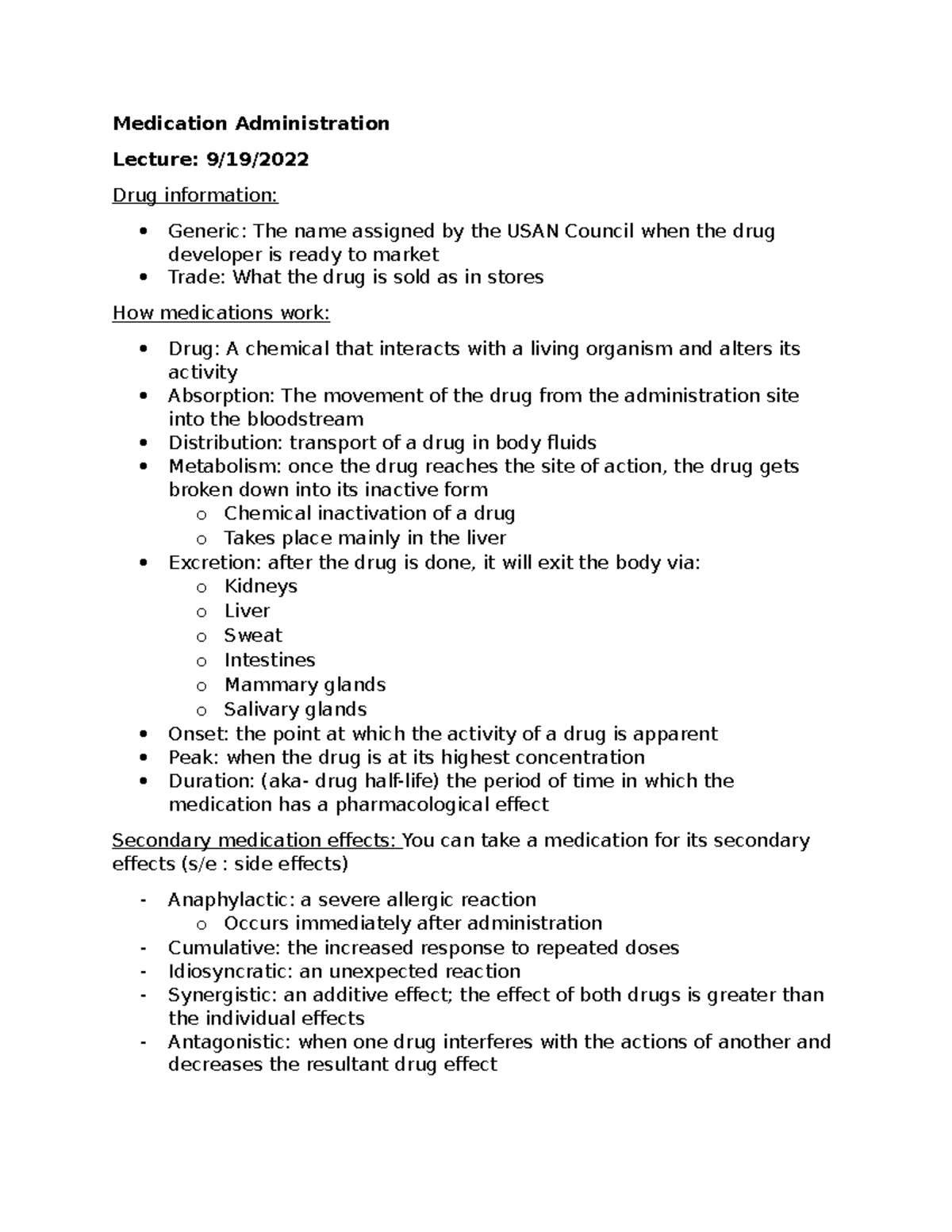 Medication Administration Lecture Notes - 9/19/ (Nursing 101) - Studocu