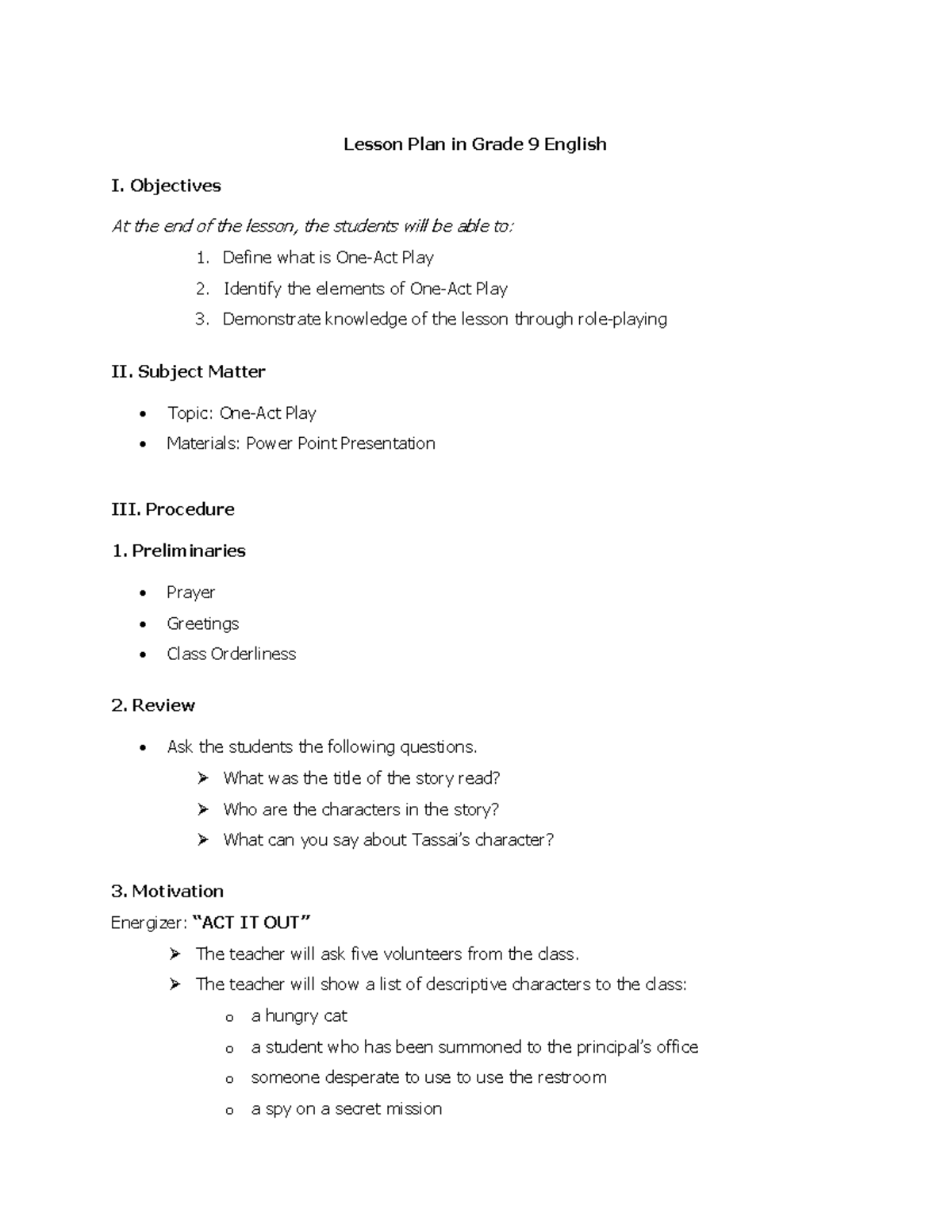 Grade 9 English Lesson Plan: Exploring One-Act Plays - Studocu