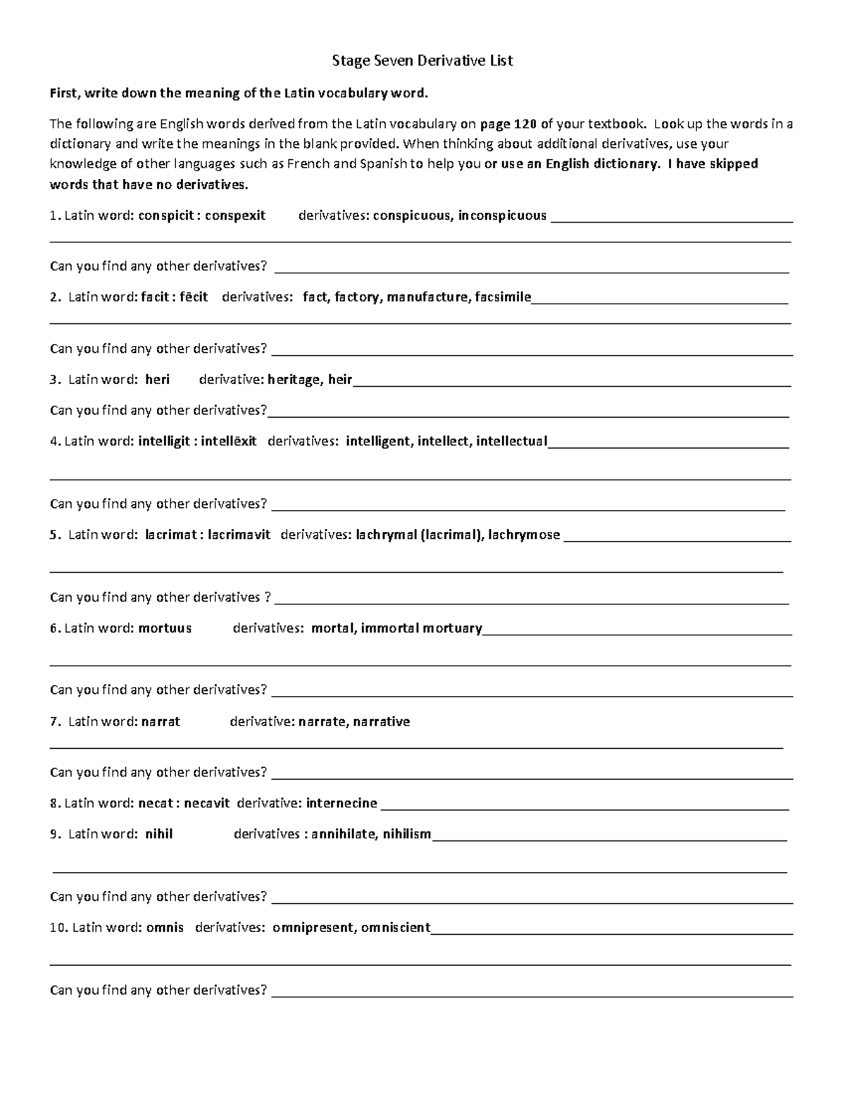 Latin Stage Seven Derivative List and Vocabulary Meanings - Studocu