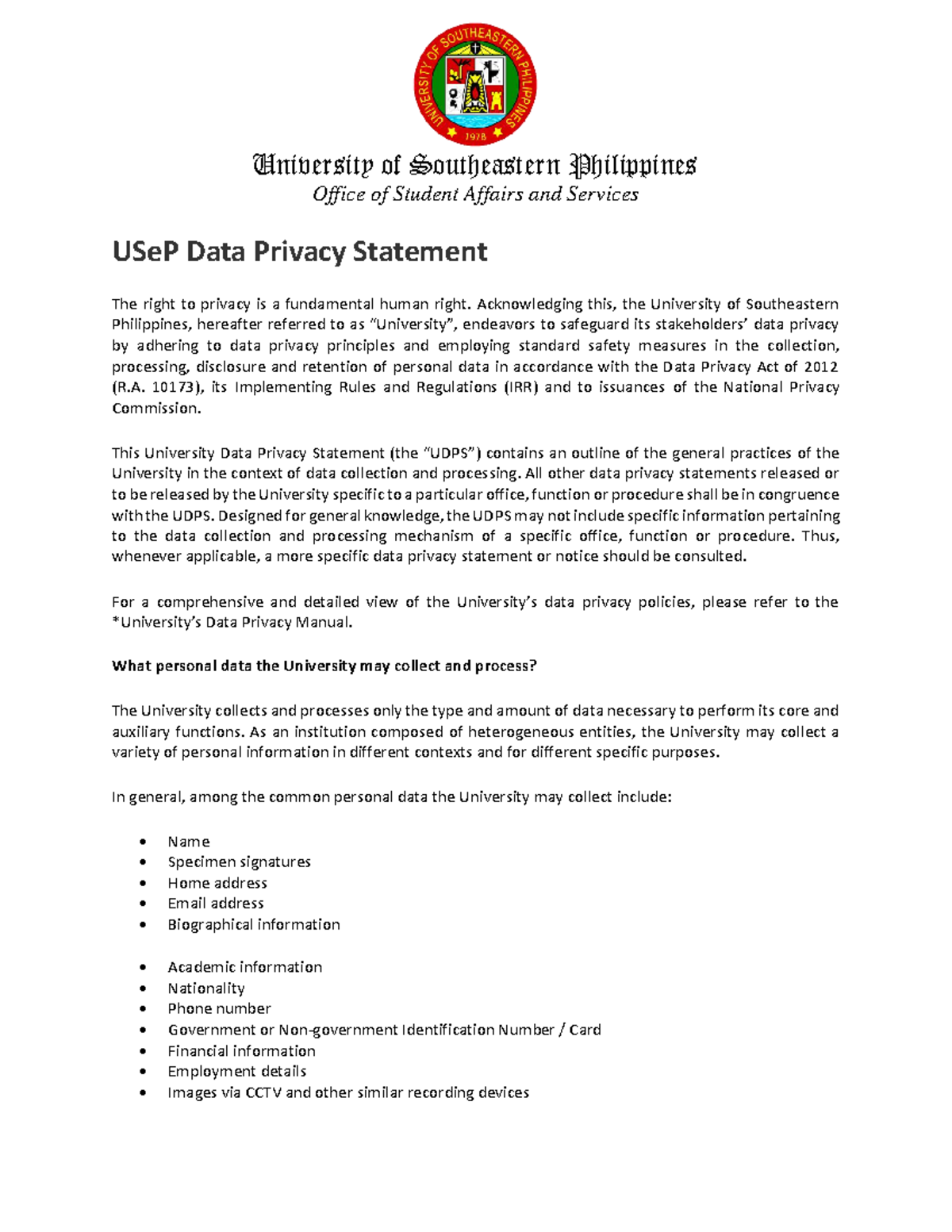 USeP Data Privacy Statement: Safeguarding Personal Information - Studocu