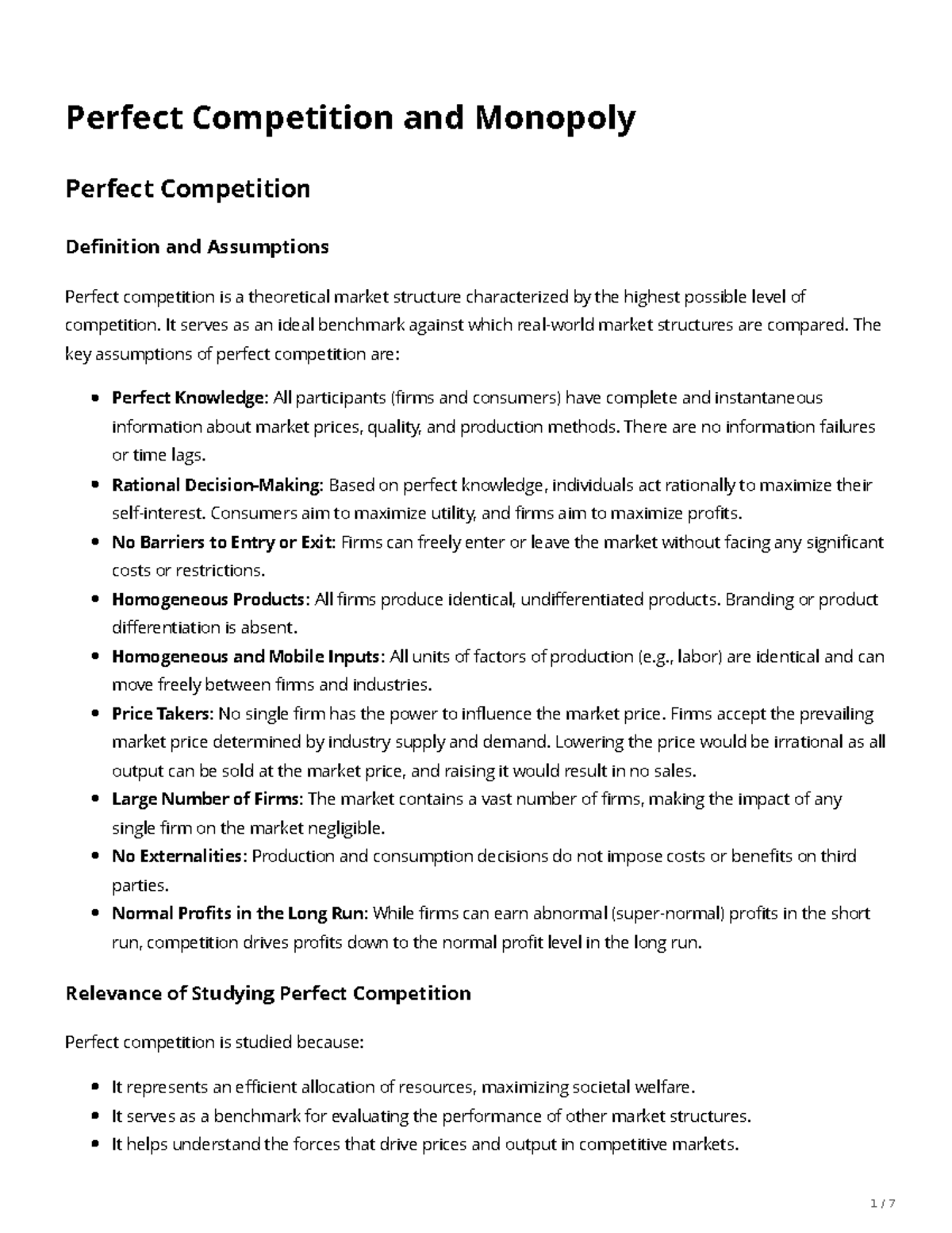 Perfect Competition and Monopoly: Key Concepts - Studocu