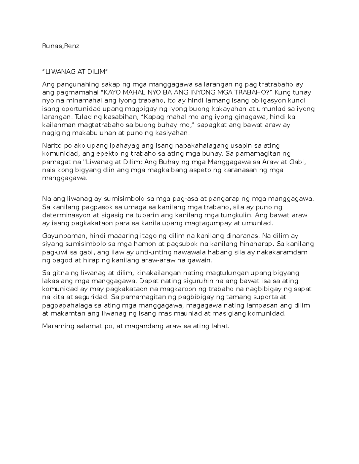 Talumpati-17 - Example of talumpati - Runas,Renz “LIWANAG AT DILIM” Ang ...