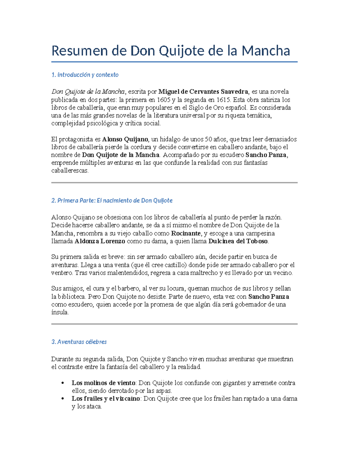 Resumen de Don Quijote de la Mancha - 10 Páginas - Studocu