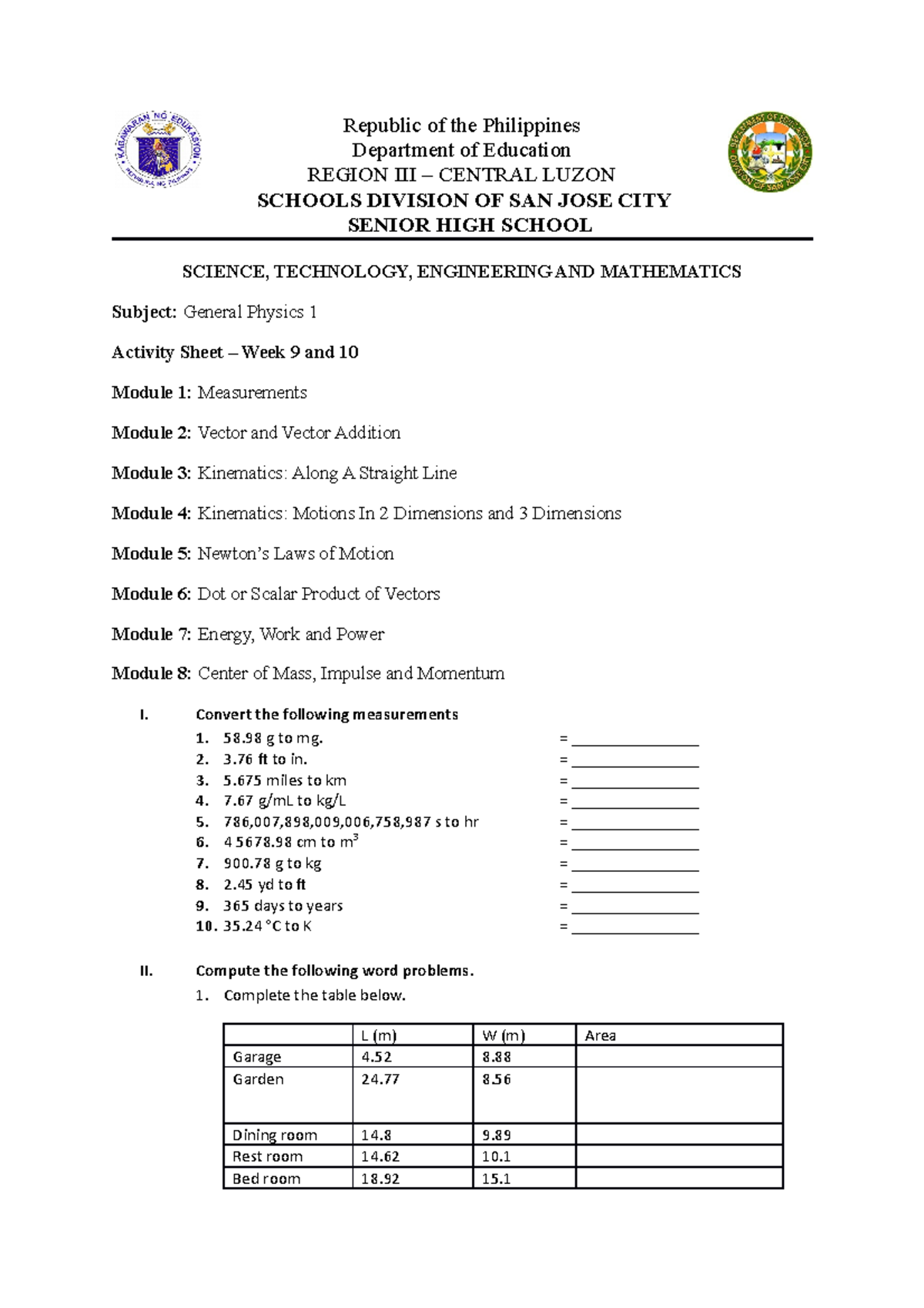 General Physics 1 Activity Sheet: Weeks 9 & 10 Assignments - Studocu