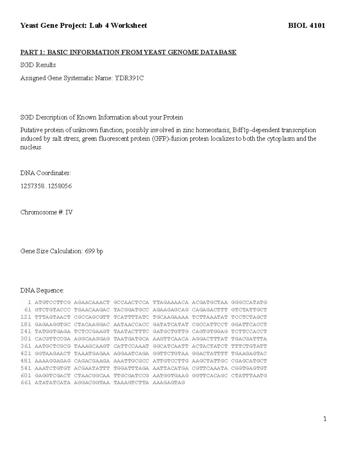 Lab 4 Worksheet - Yeast Gene Project: Lab 4 Worksheet BIOL 4101 PART 1 ...
