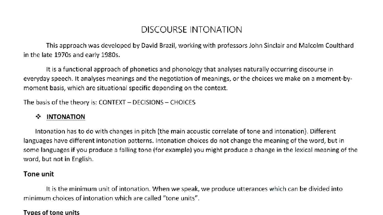 DISCOURSE INTONATION: A Study of Brazil's Functional Approach - Studocu