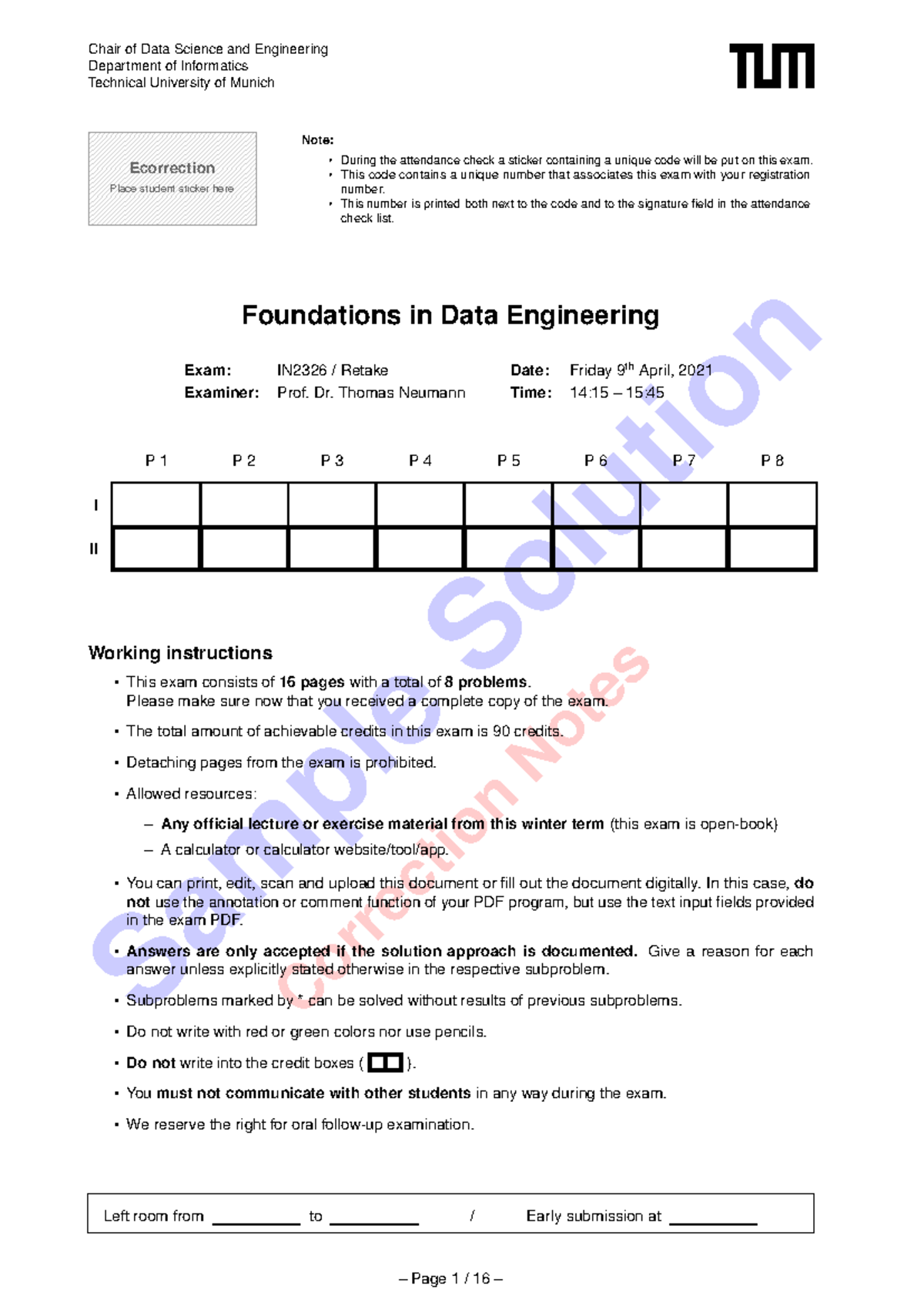 Solution fde retake 20 - Sample Solution Correction Notes Chair of Data ...