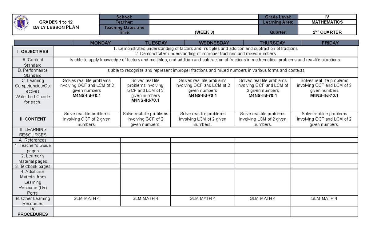 DLP MATH 4 W3 - Daily Lesson Plan on GCF and LCM - Studocu